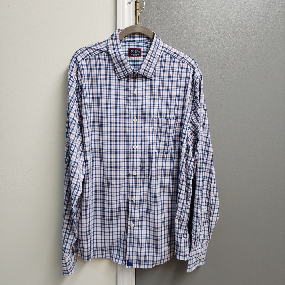 UNTUCKit Mens Long Sleeve Button Shirt Sz XL Blue Plaid Macul